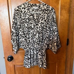 mittoshop Black & White Leopard Print V-Neck Peplum Blouse